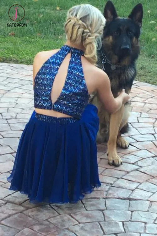 Kateprom Luxurious Beading Two Piece Open Back Royal Blue Chiffon Short Homecoming Dress KPH0301