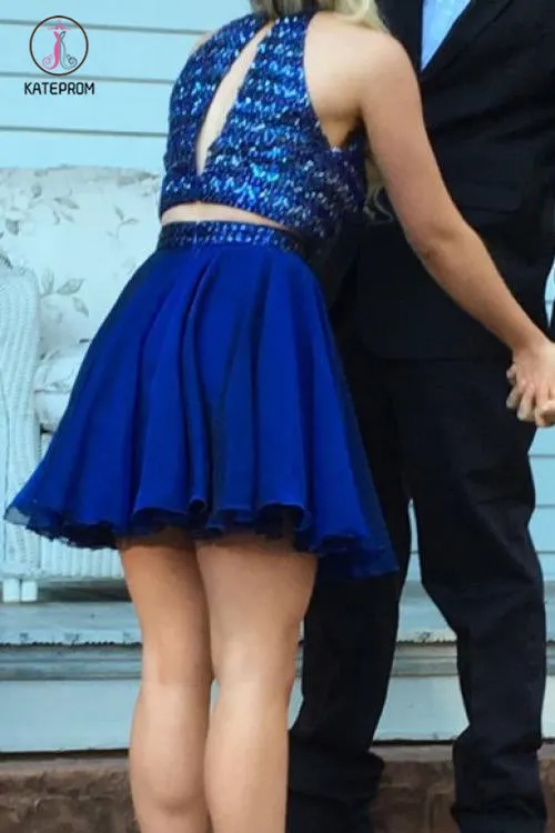 Kateprom Luxurious Beading Two Piece Open Back Royal Blue Chiffon Short Homecoming Dress KPH0301