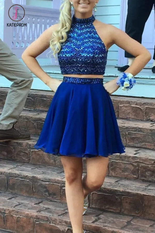 Kateprom Luxurious Beading Two Piece Open Back Royal Blue Chiffon Short Homecoming Dress KPH0301
