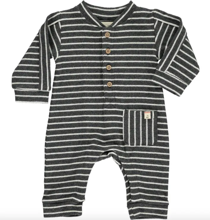 Me & Henry - Baby Button-Up Striped Romper in Charcoal