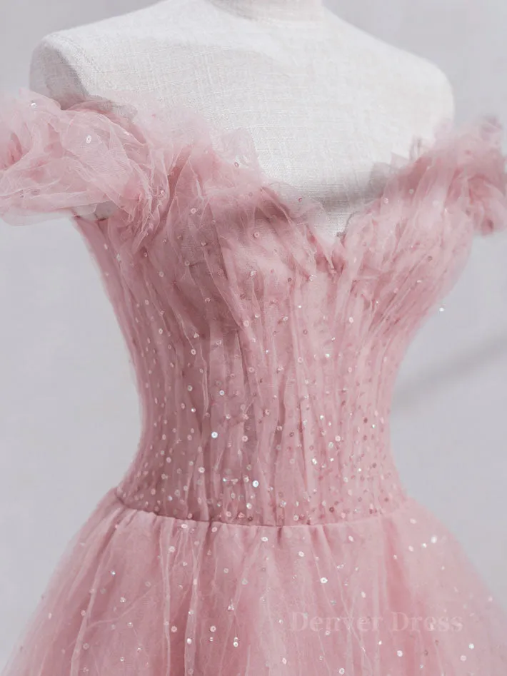 Pink off shoulder tulle sequin long prom dress pink formal dress