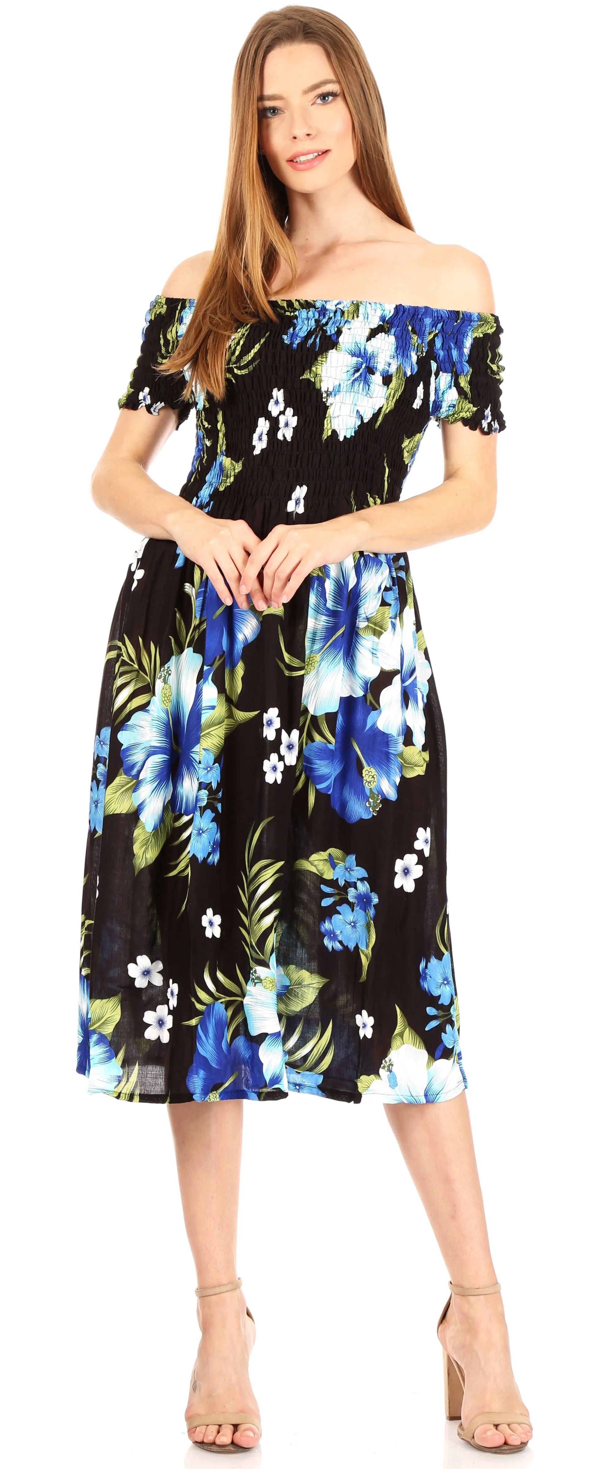 Sakkas Nur Women's Smock Elastic Cocktail Midi Sleeve Off Shoulder Floral Dress