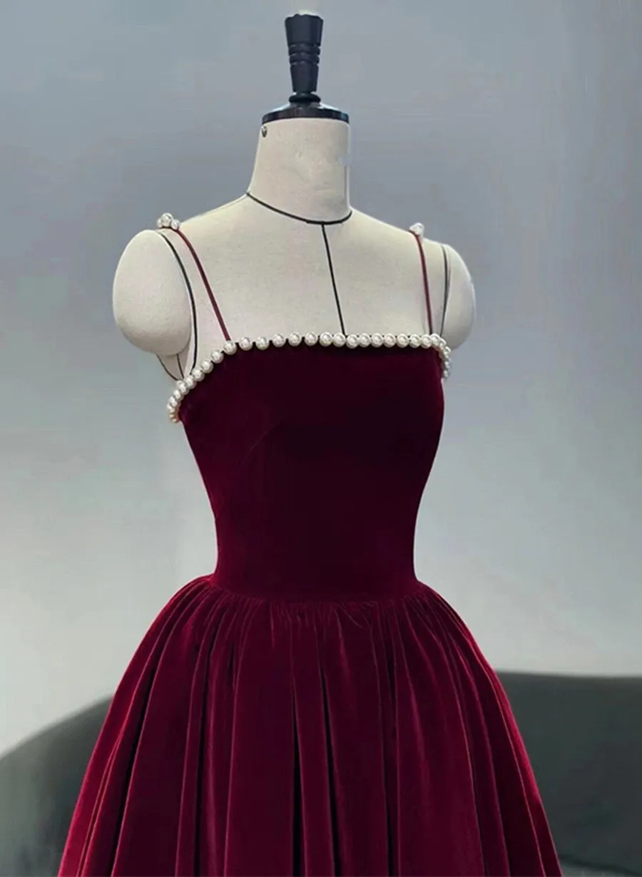 Wine Red Straps Velvet Party Dress with Pearls Wine Red Tea Length Formal Dress