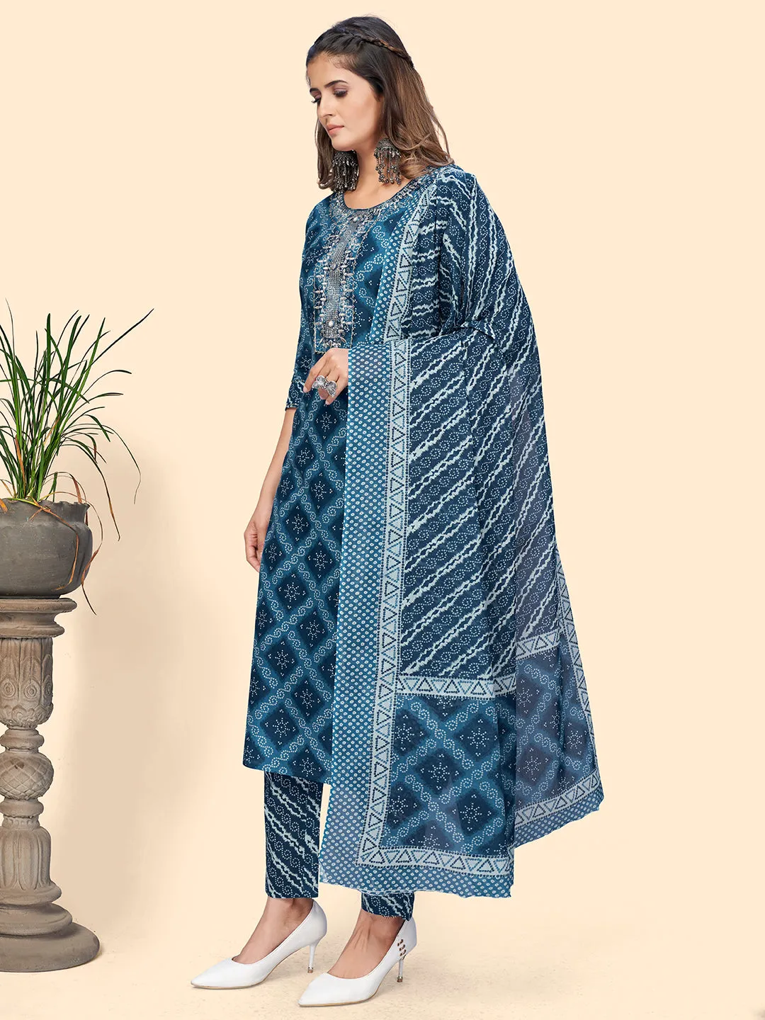 Women'S Bandhani Print & Embroiderd Straight Cotton Blue Stitched Kurta Pant With Dupatta
