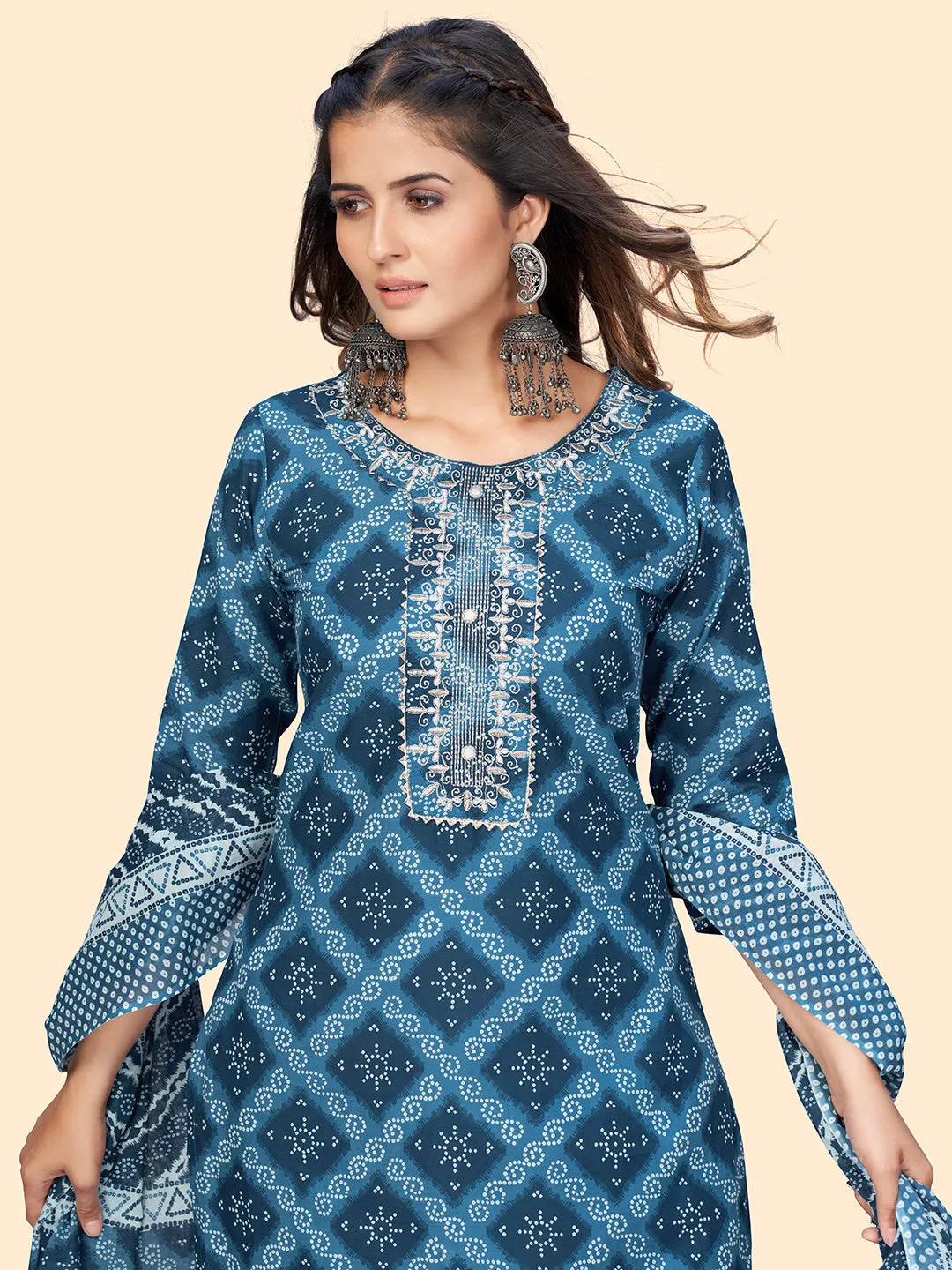 Women'S Bandhani Print & Embroiderd Straight Cotton Blue Stitched Kurta Pant With Dupatta